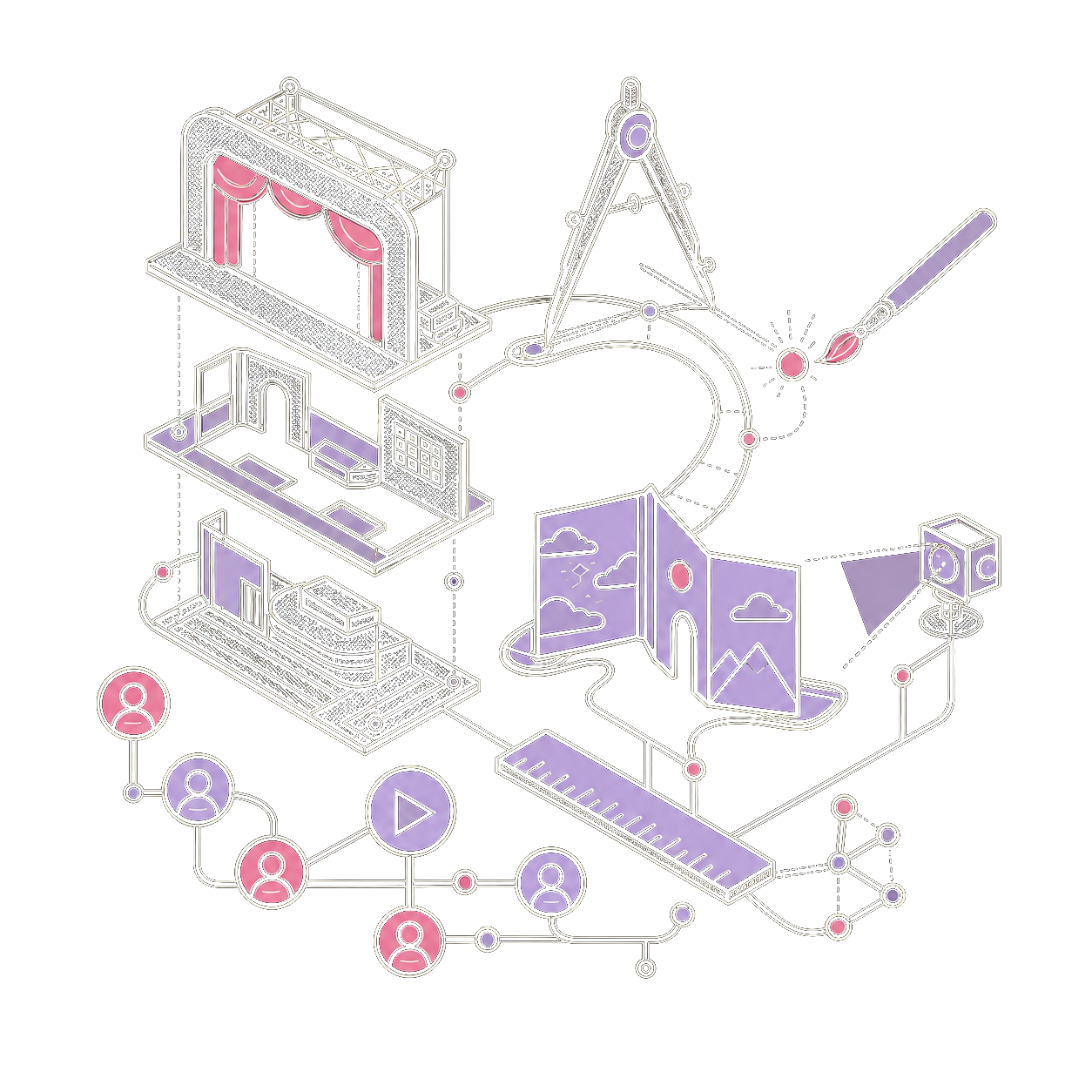 Ivory, magenta, and lavender line illustration connecting scenic model stages, a compass, ruler, camera, and paintbrush