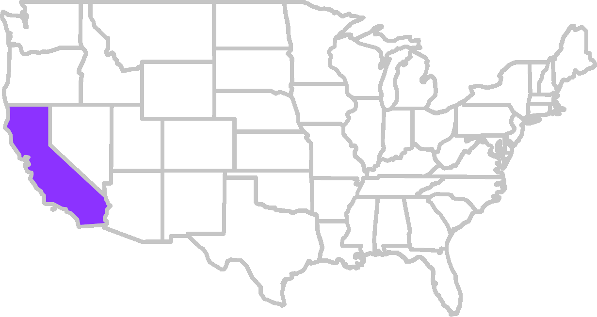 United States map with California highlighted in purple.