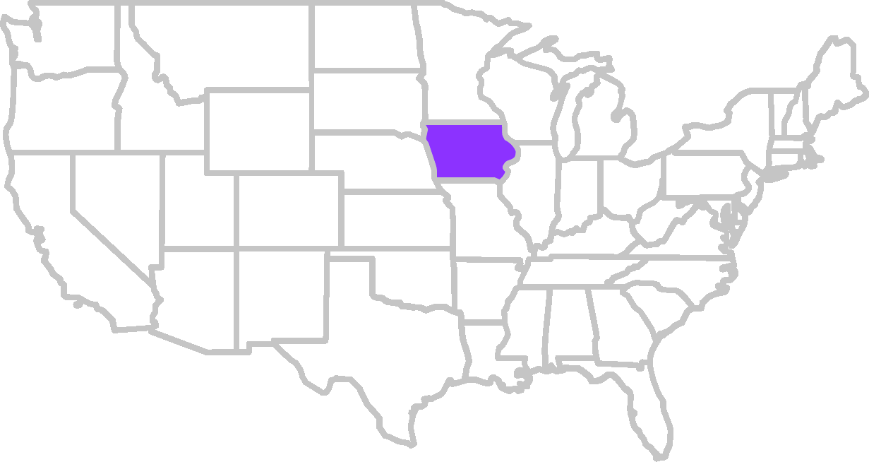 United States map with Iowa highlighted in purple.