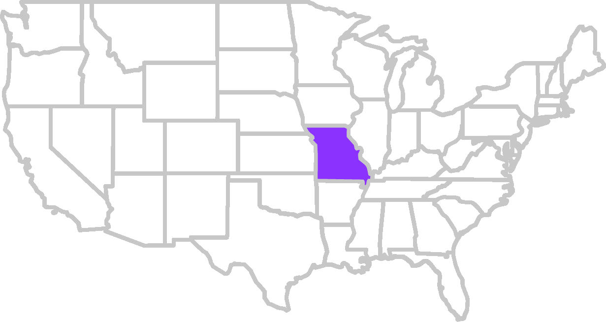 United States map with Missouri highlighted in purple.