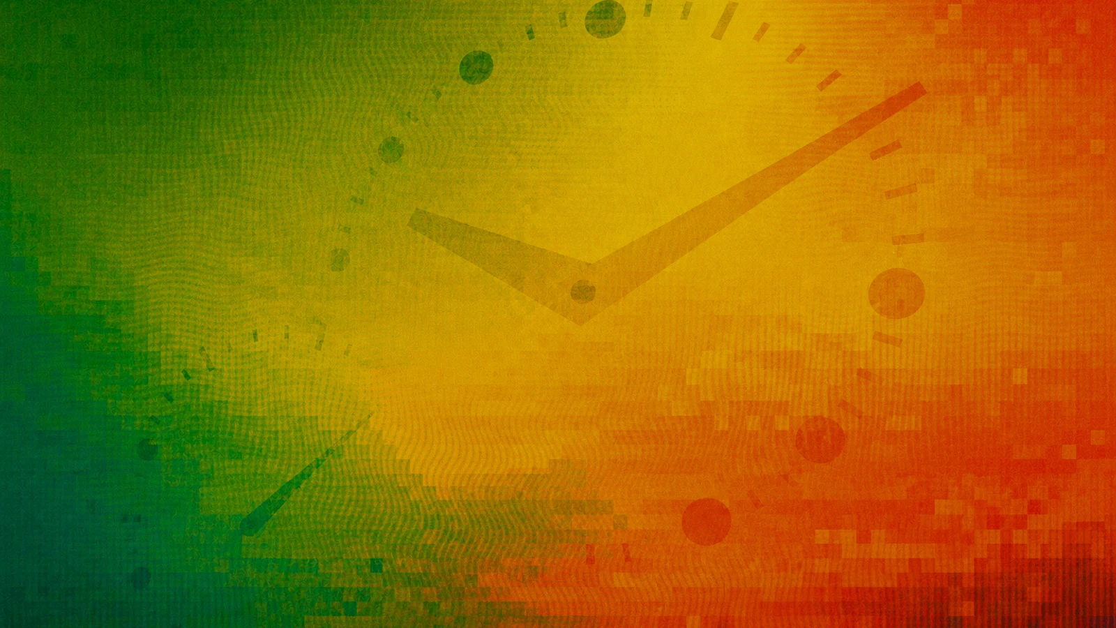 Green, yellow, and orange clock announcement graphic for 9 to 5.